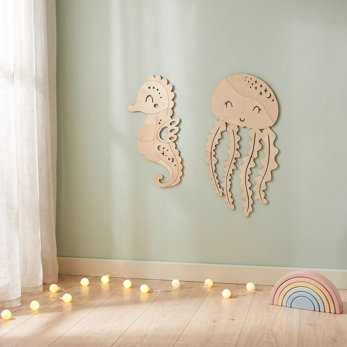Décorations murales hippocampe et méduse en bois et guirlande lumineuse