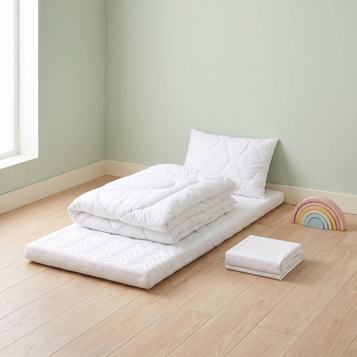 Matelas, couette, oreiller et protège-matelas blancs