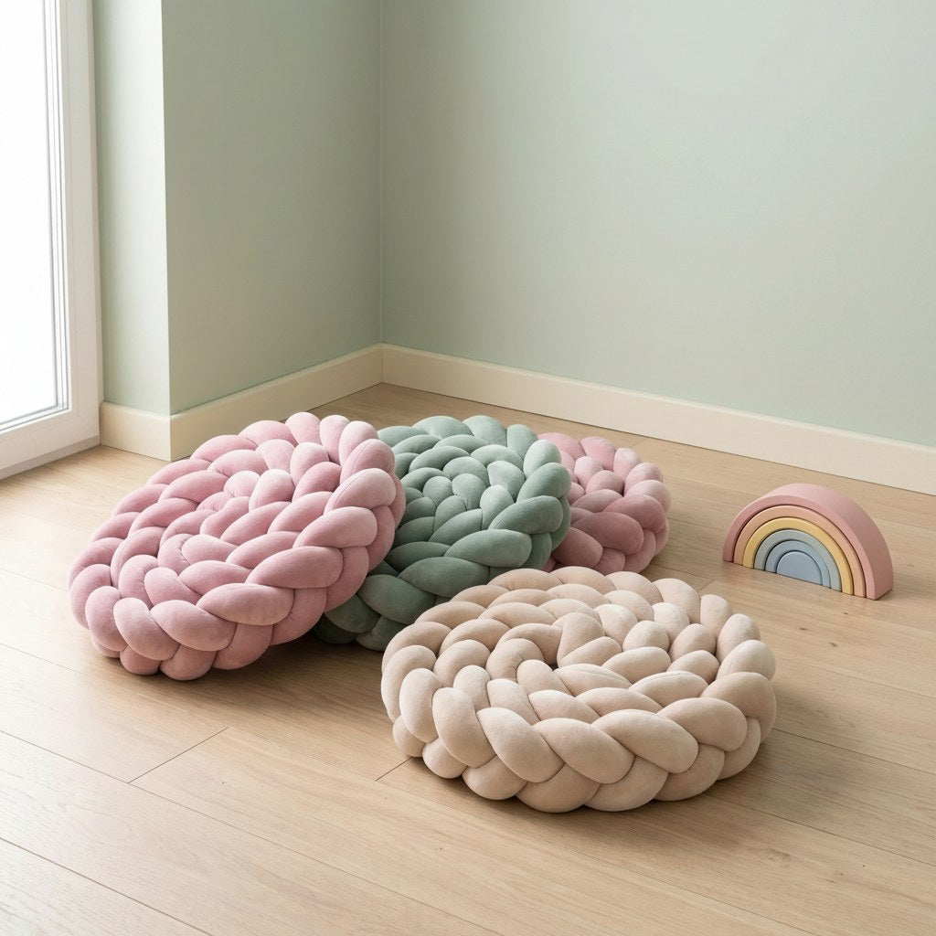 Tours de lit tressés rose poudré, vert sauge et beige