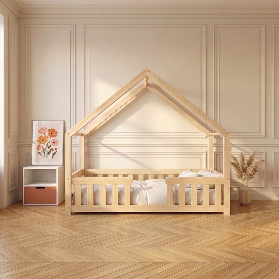 Lit cabane enfant TALO | Barrière à barreaux, bois massif