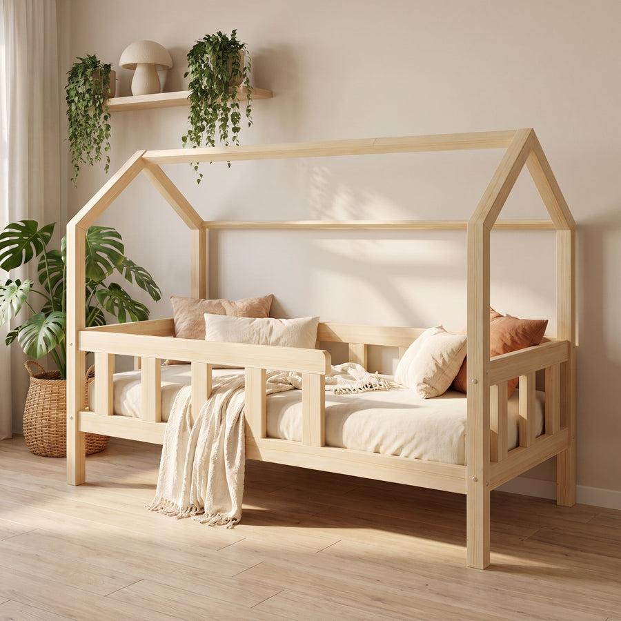 Lit cabane LOUKA | Barrière à barreaux et sommier à lattes