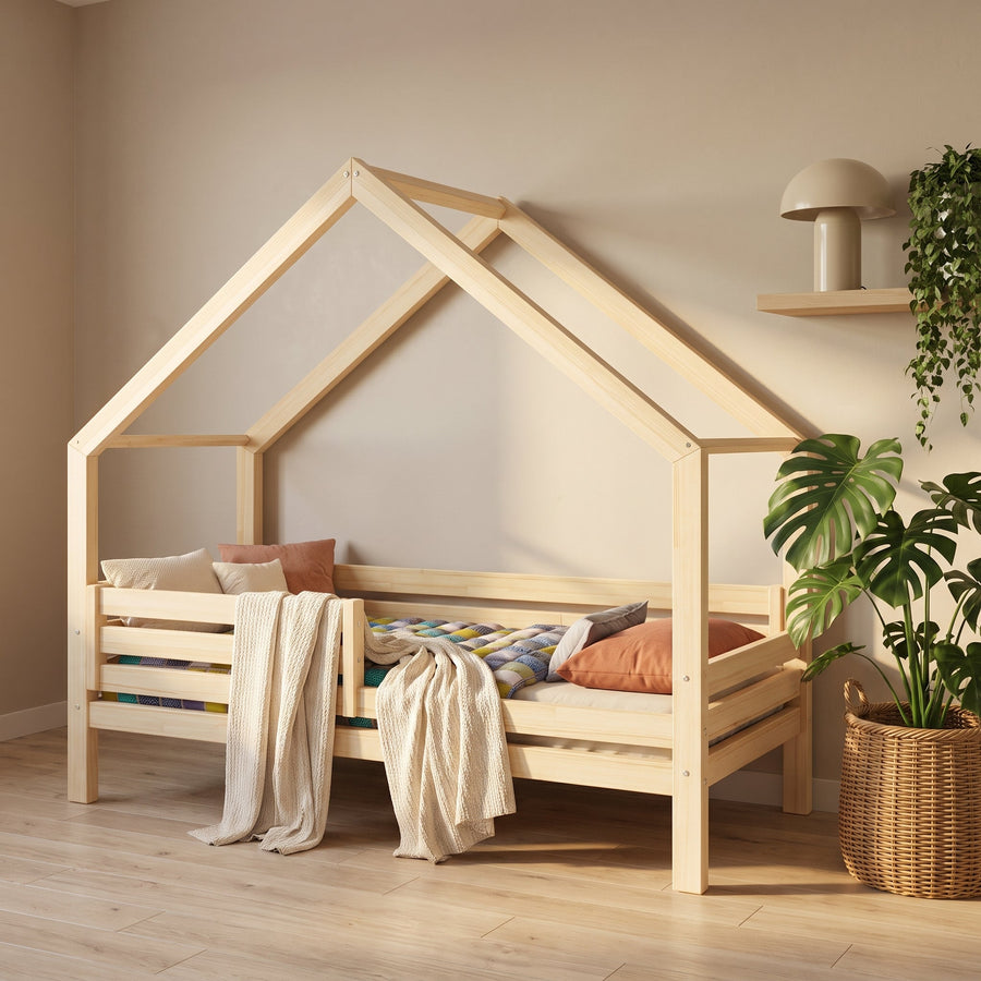 Lit cabane ZOE | Bois naturel avec barrière + sommier inclus