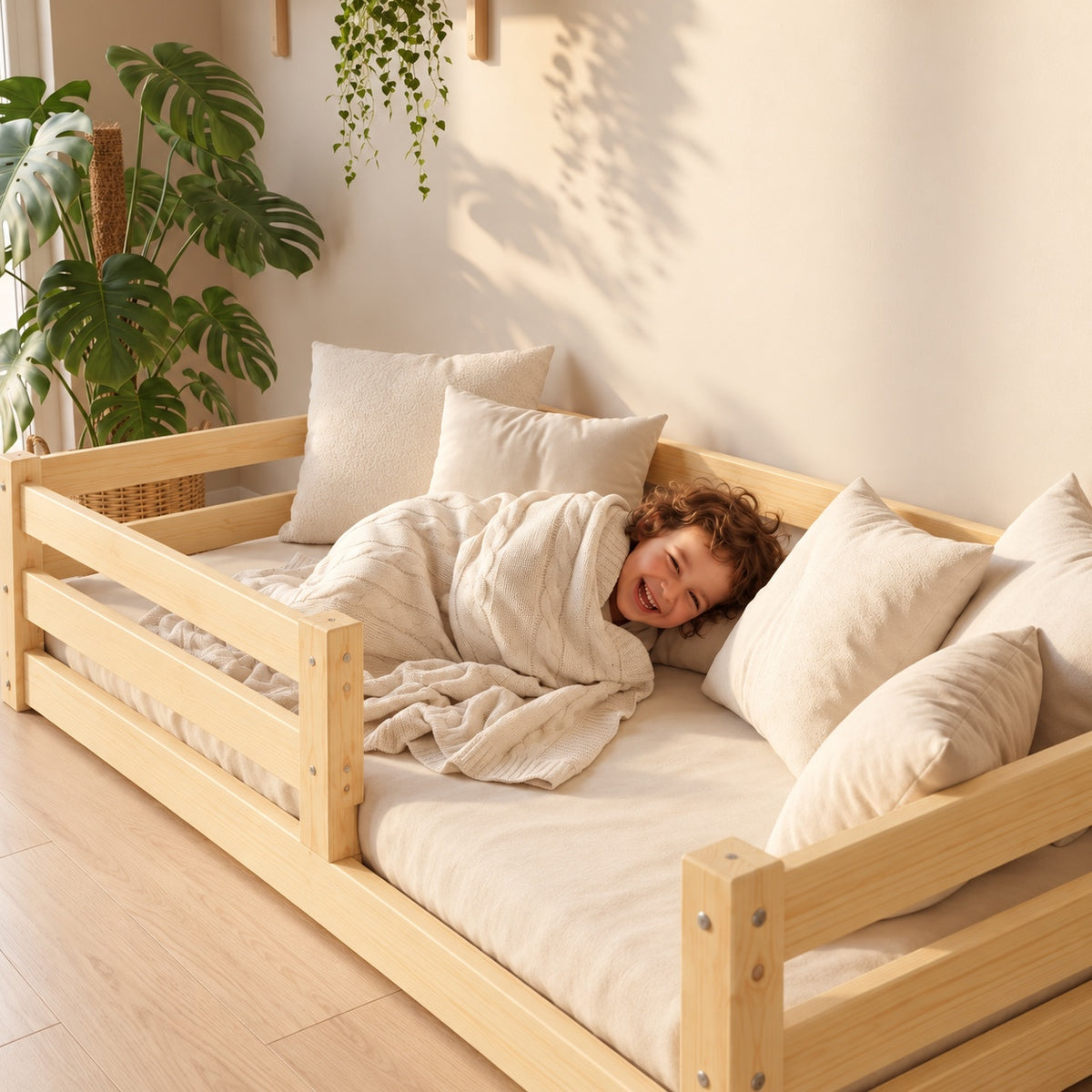 Enfant dans le lit OTIS avec matelas et couverture crème, barrière horizontale partielle
