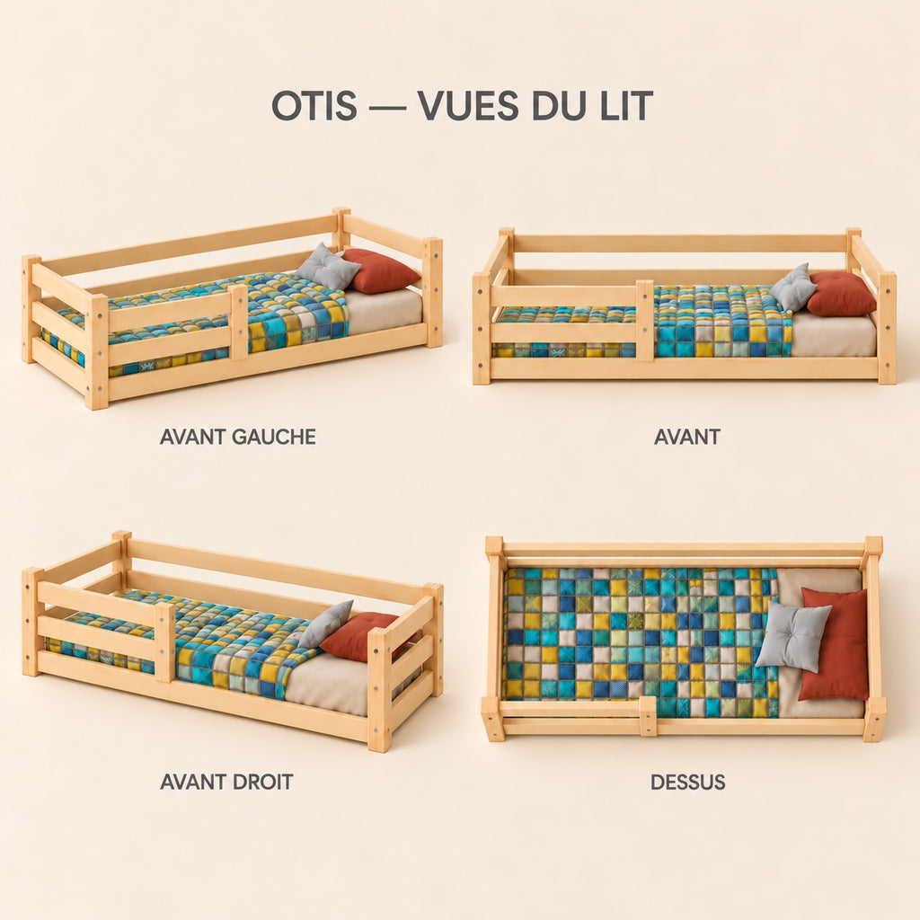 Lit enfant OTIS sous quatre angles : avant gauche, avant, avant droit et dessus
