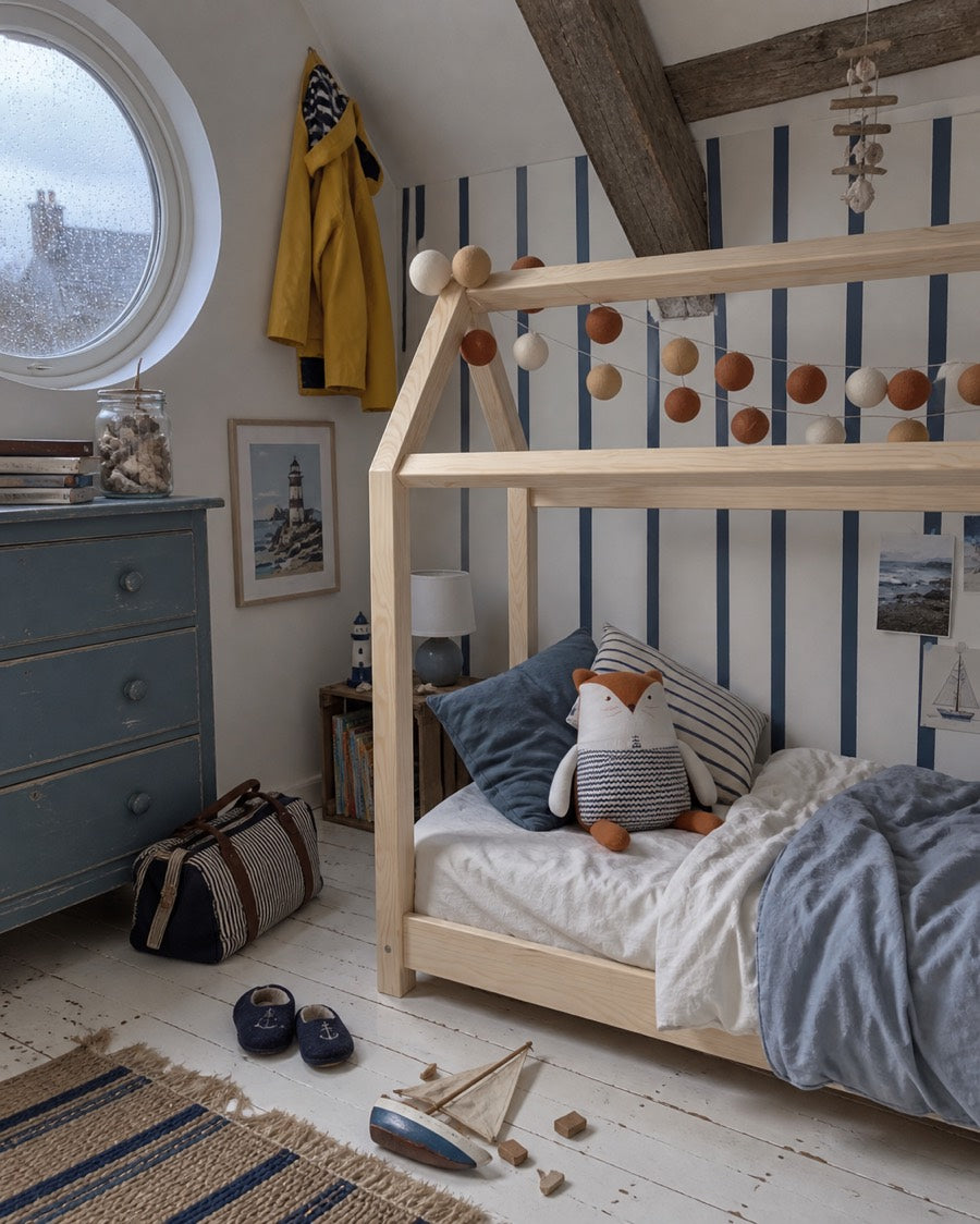 Lit cabane sous les combles dans une chambre aux rayures marines