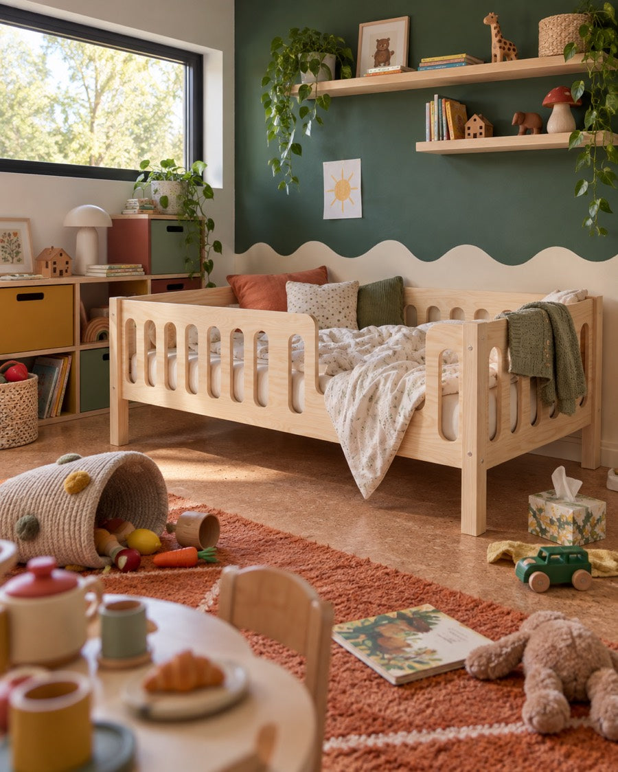 Lit enfant en bois dans une chambre verte avec des objets personnels