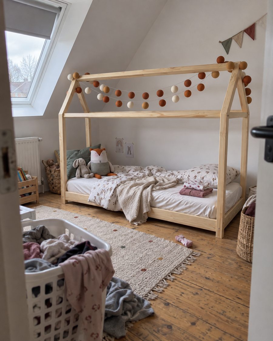 Lit cabane dans une chambre mansardée avec du linge du quotidien