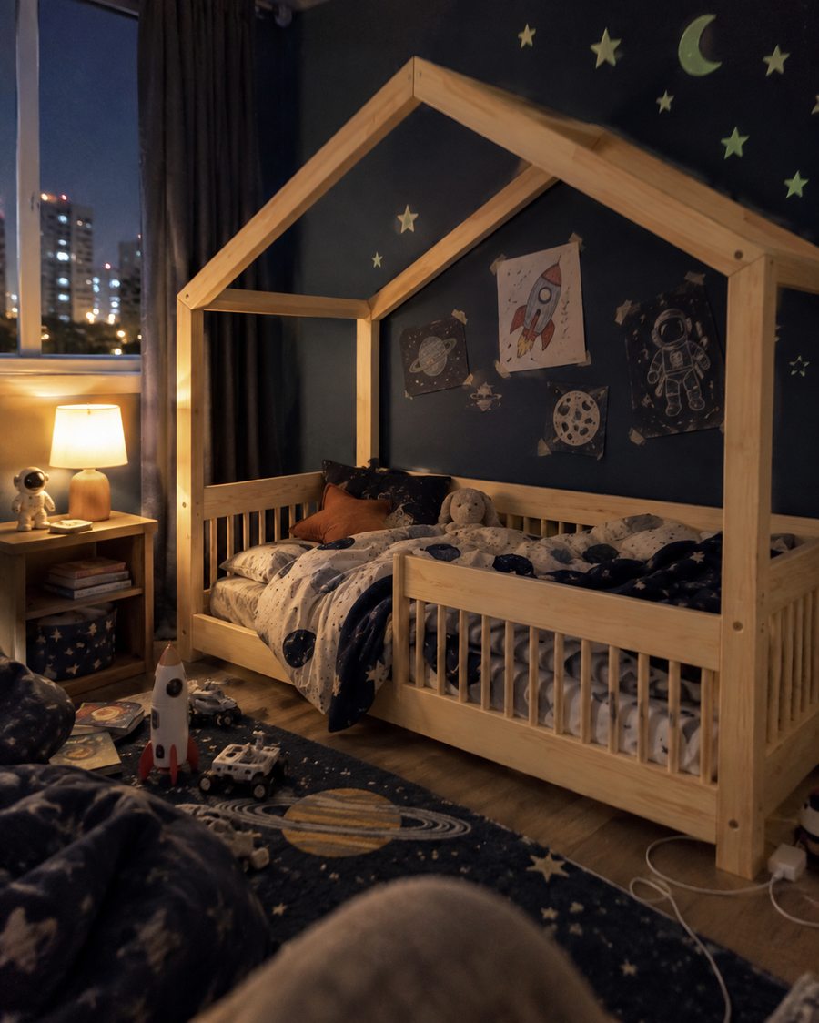 Lit cabane dans une chambre sur le thème de espace en lumière du soir