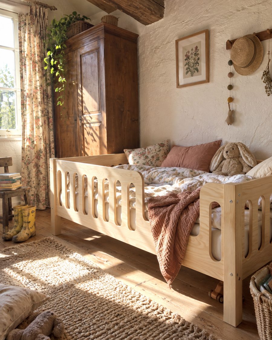Lit enfant en bois dans une chambre rustique de campagne