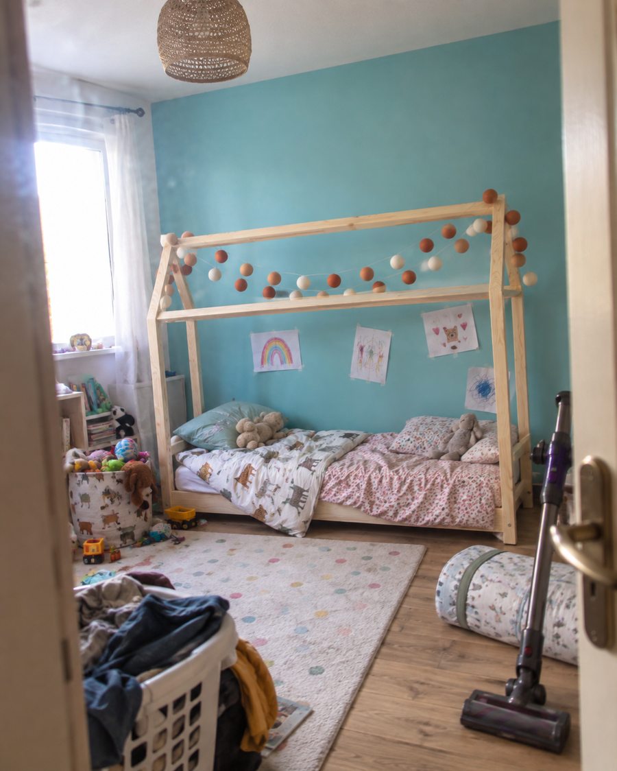 Lit cabane dans une chambre turquoise partagée et très vécue