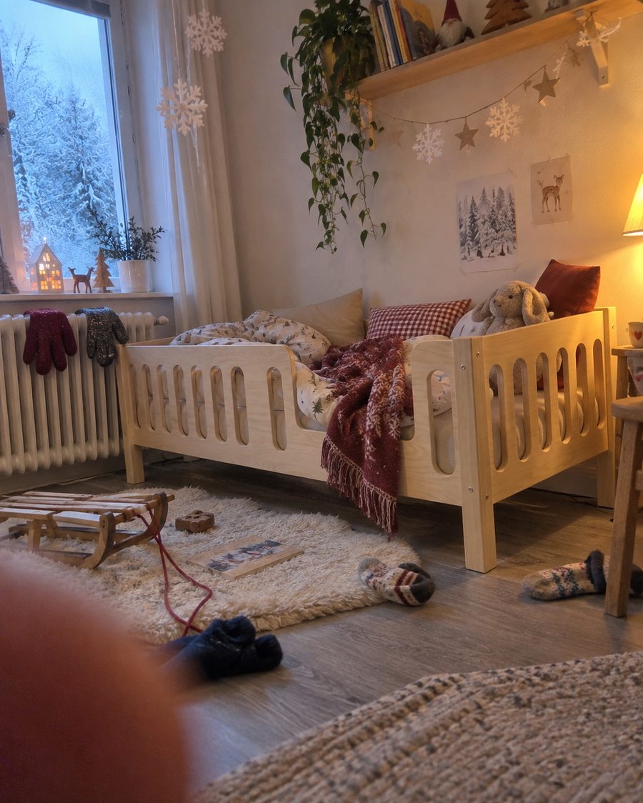 Lit enfant dans une chambre scandinave en hiver