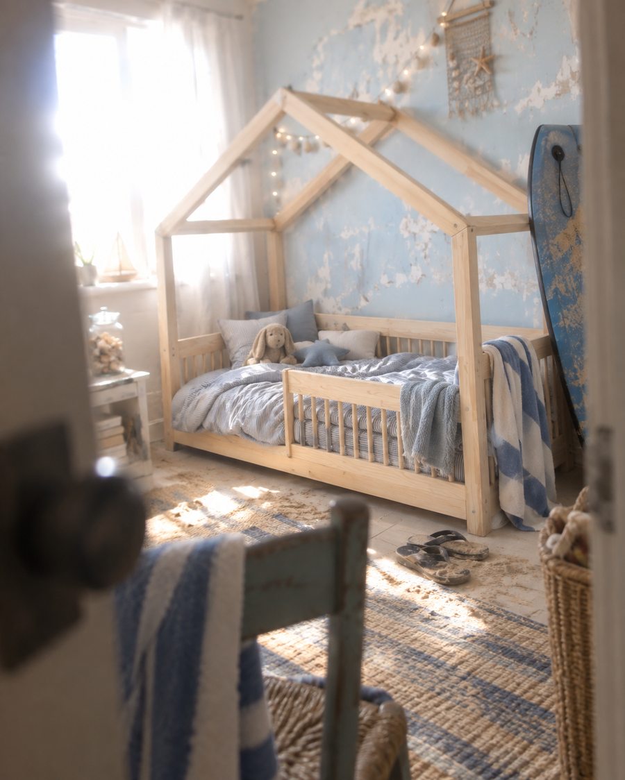 Lit cabane dans une chambre bleue près de la fenêtre