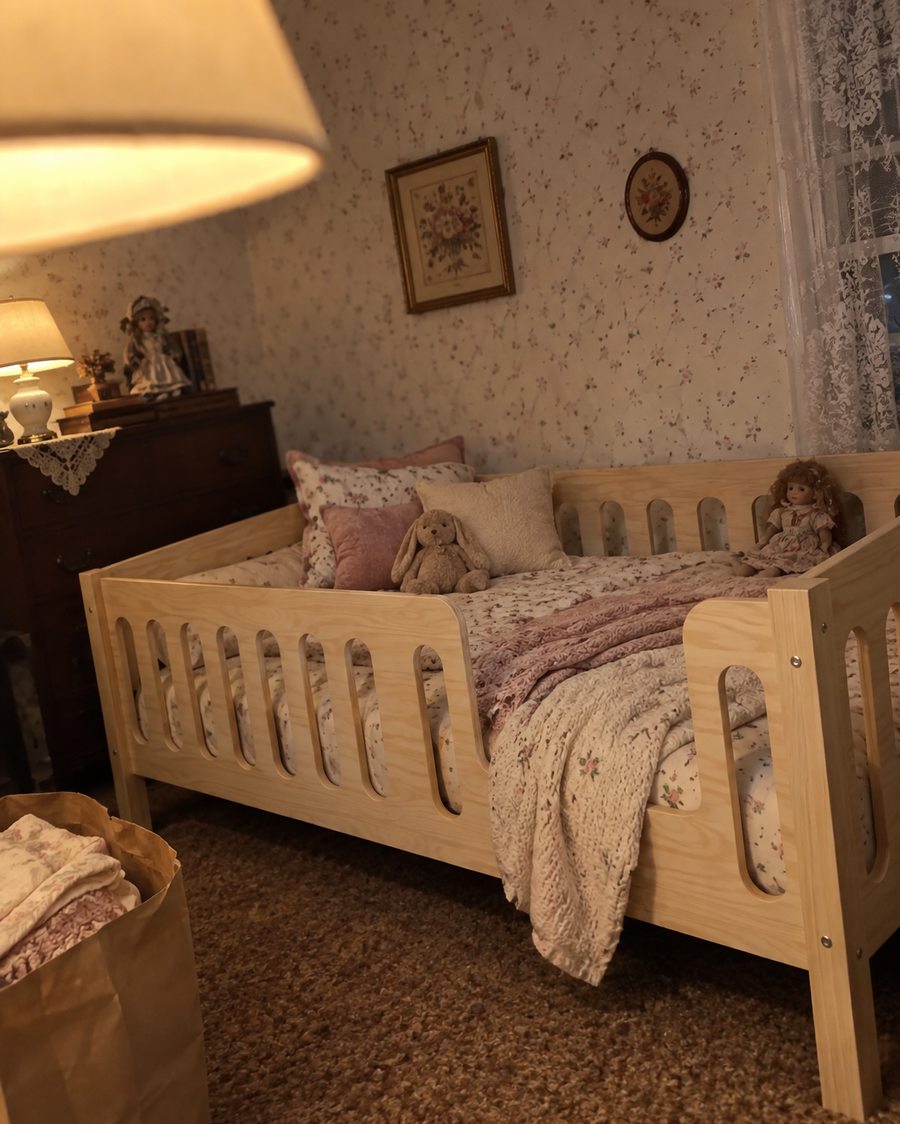Lit enfant dans une chambre ancienne aux motifs fleuris