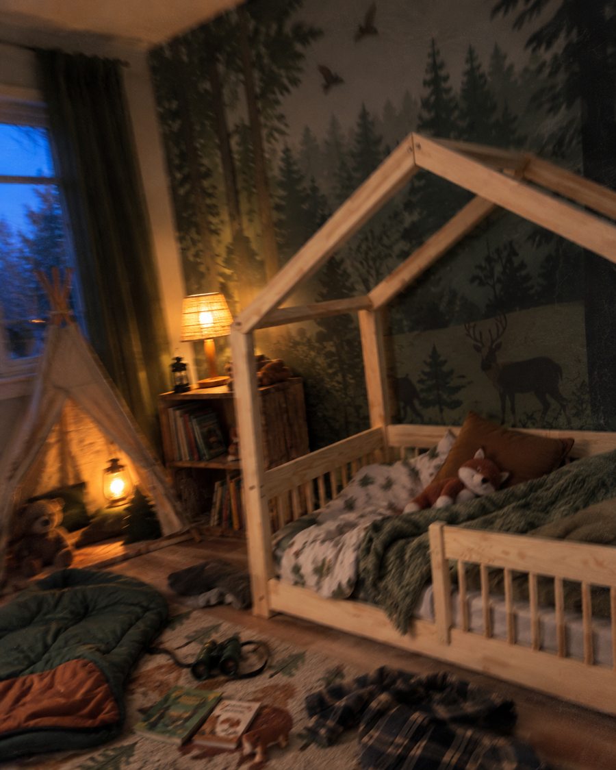 Lit cabane dans une chambre forêt photographiée au crépuscule
