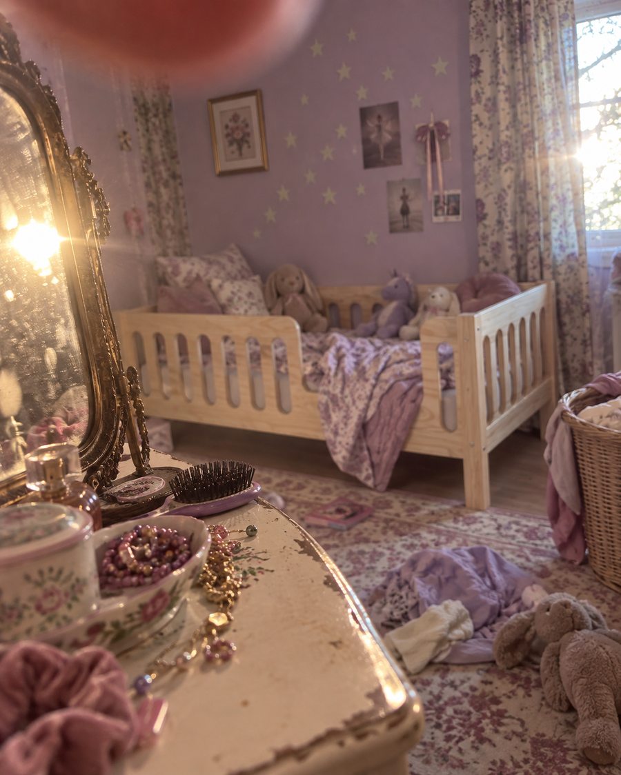 Lit enfant dans une chambre mauve avec une coiffeuse ancienne