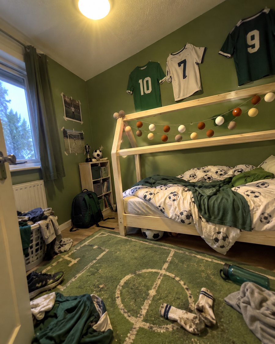 Lit cabane dans une chambre verte sur le thème du football