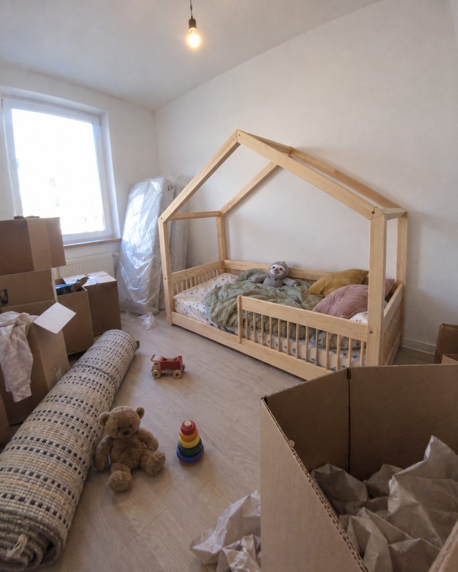 Lit cabane dans une petite chambre en cours installation