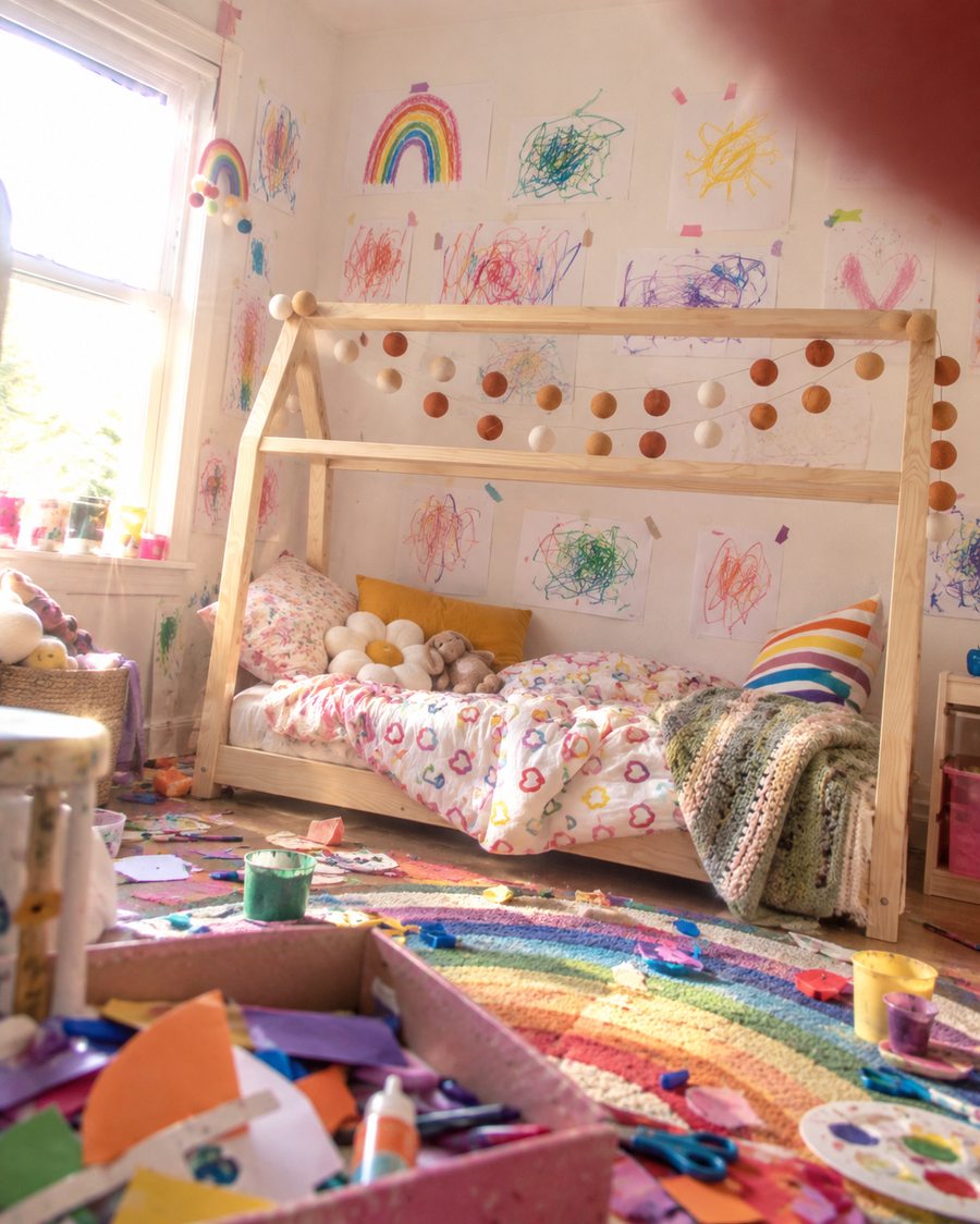 Lit cabane dans une chambre arc-en-ciel dédiée aux activités créatives