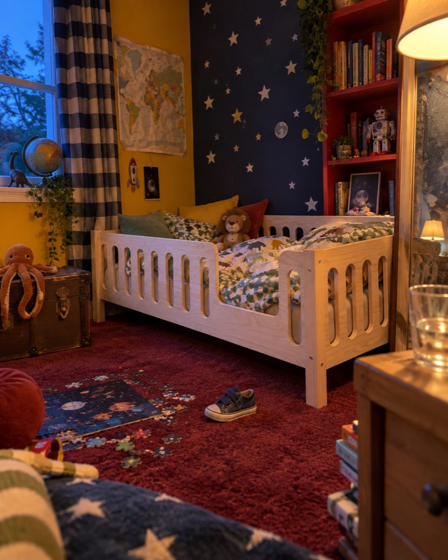 Lit enfant en bois clair dans une chambre éclairée par une veilleuse